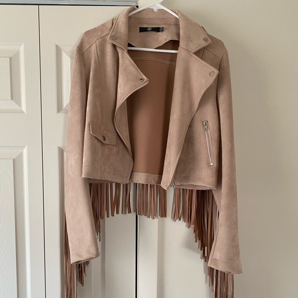 Missguided Pale Pink Fringe Faux Suede Jacket